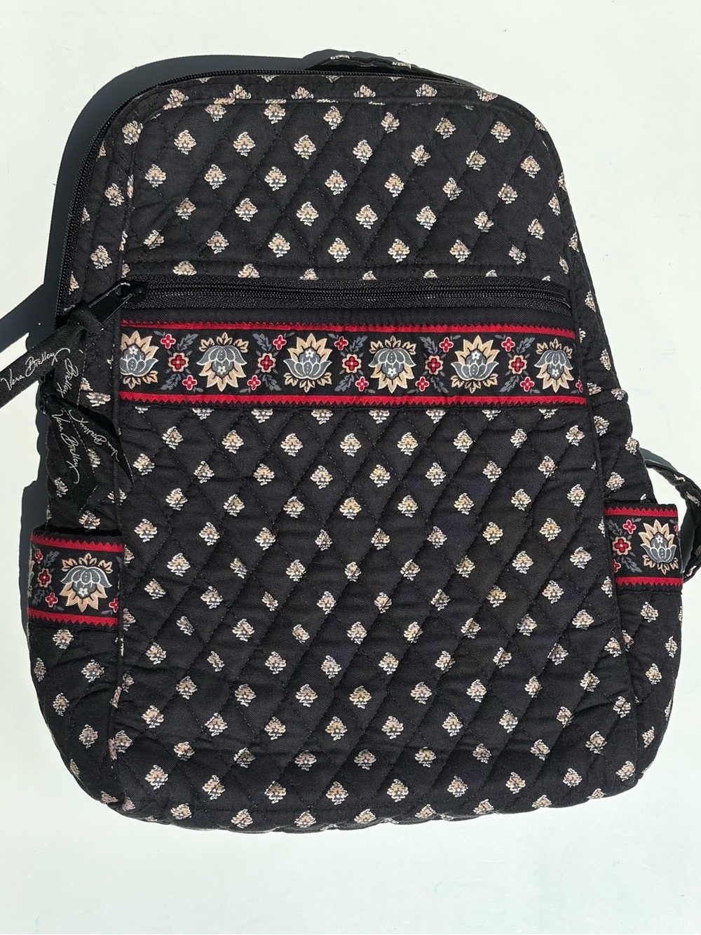 Vera Bradley Black Quilted Floral Backpack with Red Trim